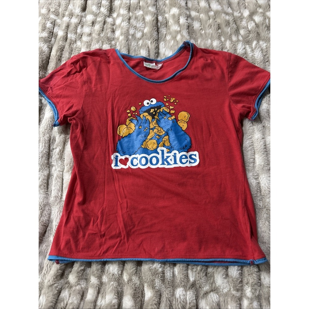 Red Sesame Street Cookie Monster Baby Tee Cotton I Love Cookies Y2k Small